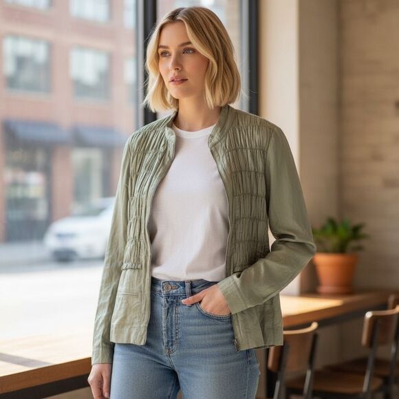 Chico's Open Smocked Light Jacket Olive Green with Shimmer Size Large - Picture 1 of 6